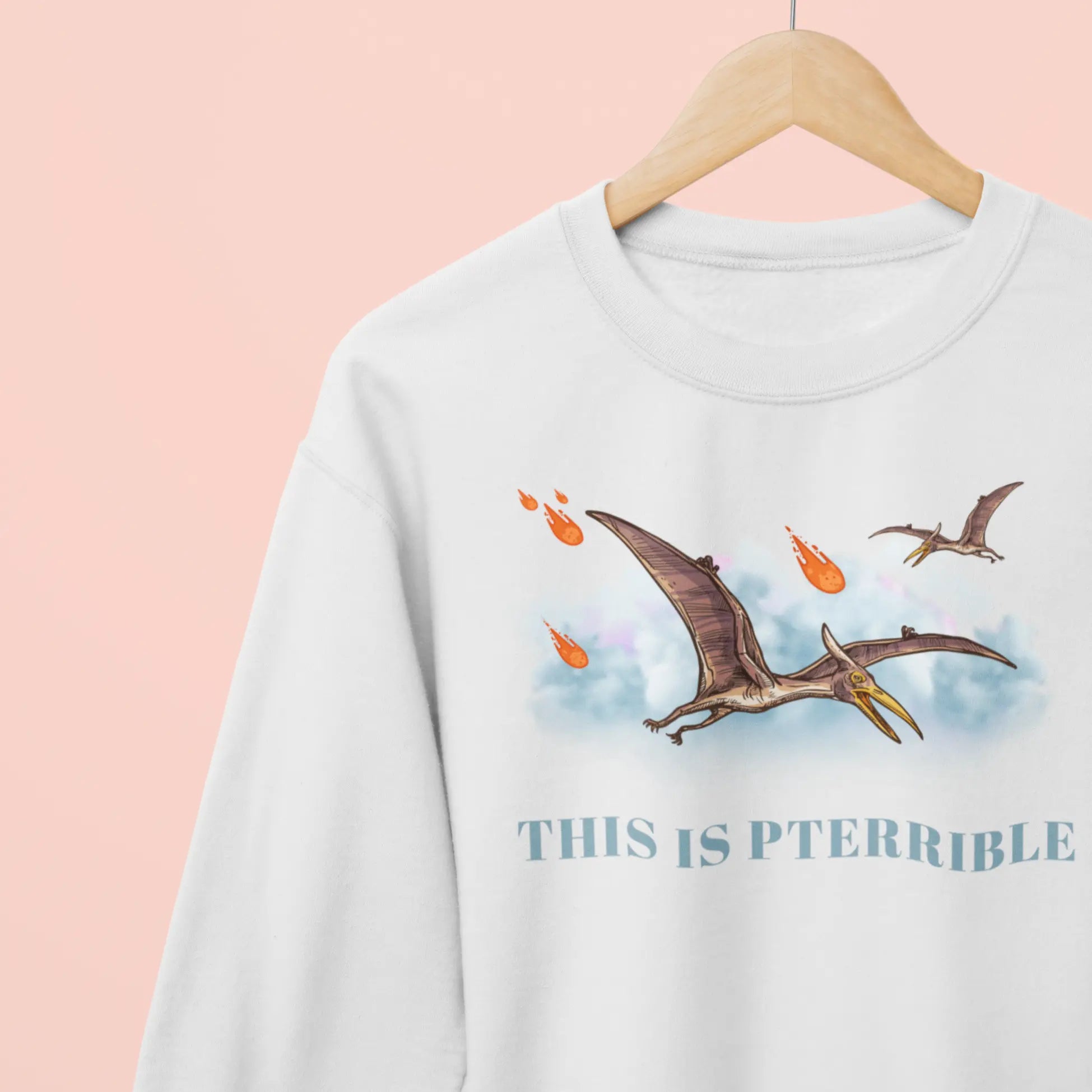 Crewneck sweatshirt on a wooden hanger featuring pterodactyl artwork and “This Is Pterrible” funny dinosaur pun
