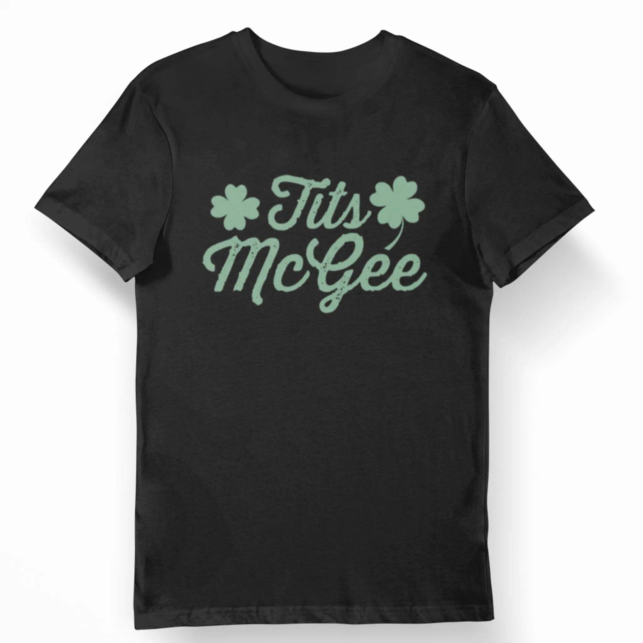 Funny St. Paddy’s Day tee reading “Tits McGee” in green with shamrocks, Irish holiday drinking shirt
