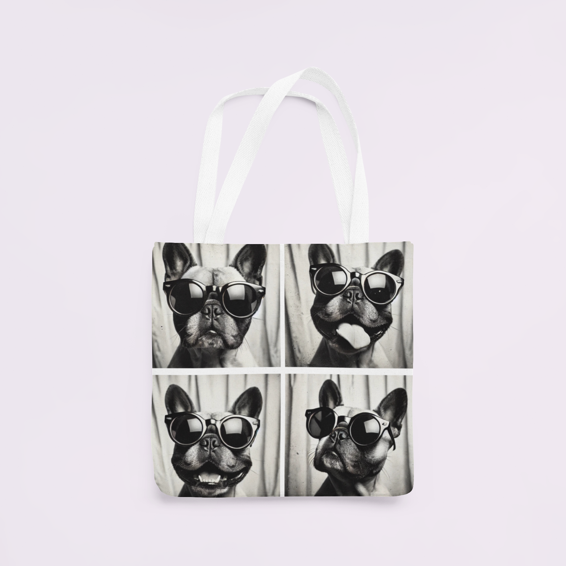 French Bulldog photo booth print cotton tote bag, 16x14 inches, perfect for everyday use with a side of attitude. pink background