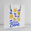 White cotton tote bag with yellow lemons and blue “Tutto Bene” text white background