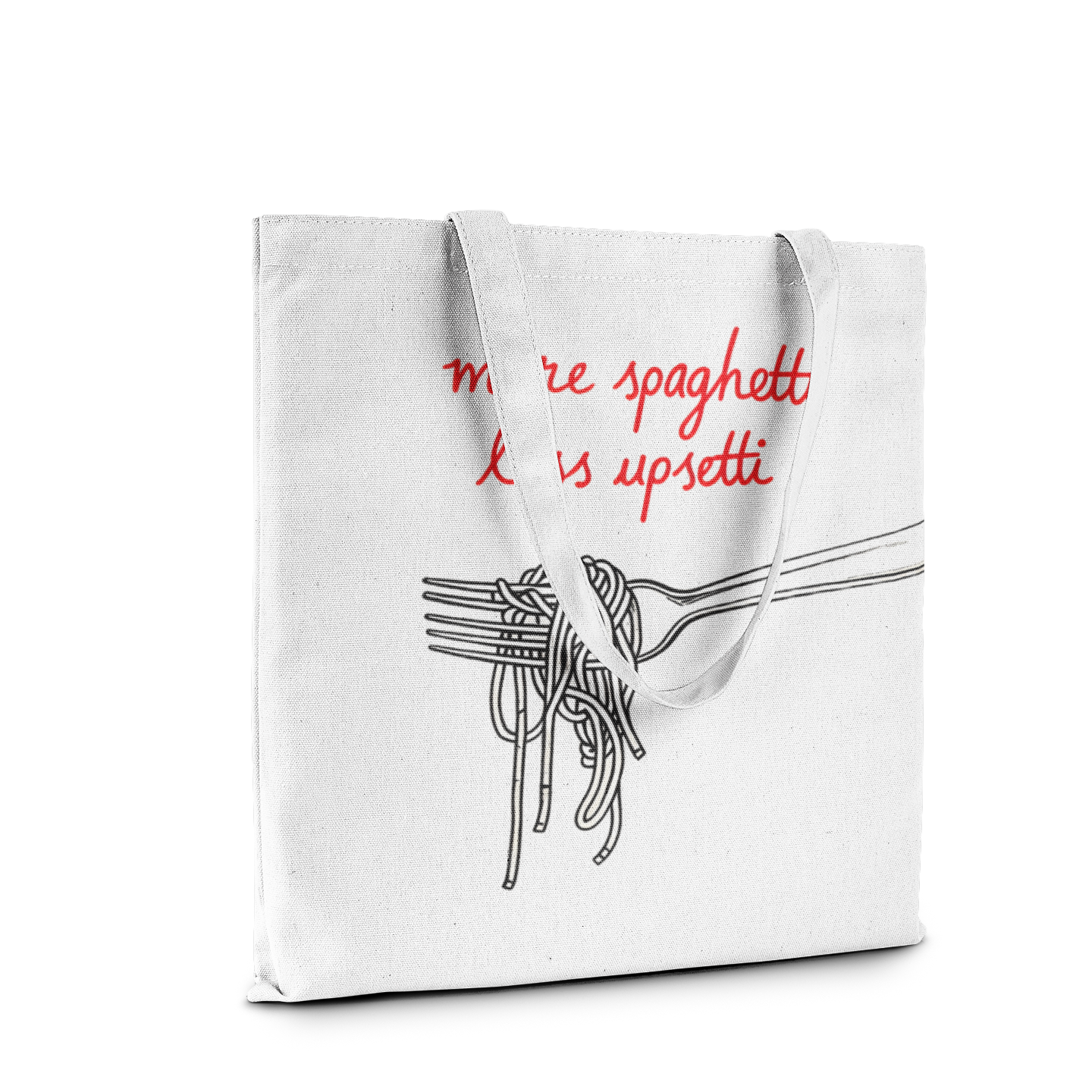 Canvas tote bag with spaghetti fork and the phrase "More Spaghetti Less Upsetti" white tote