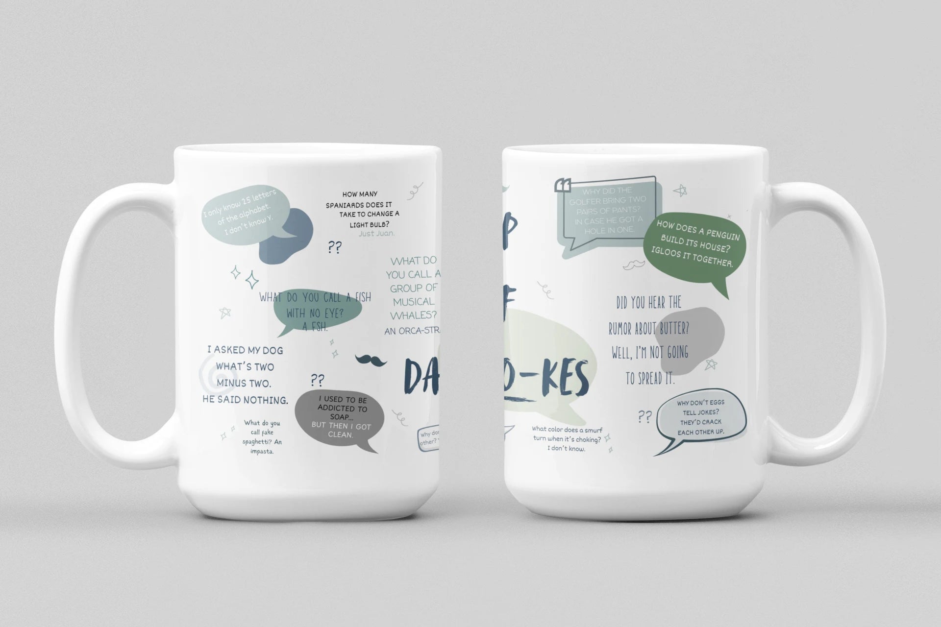 Two white mugs with humorous text designs on a gray background