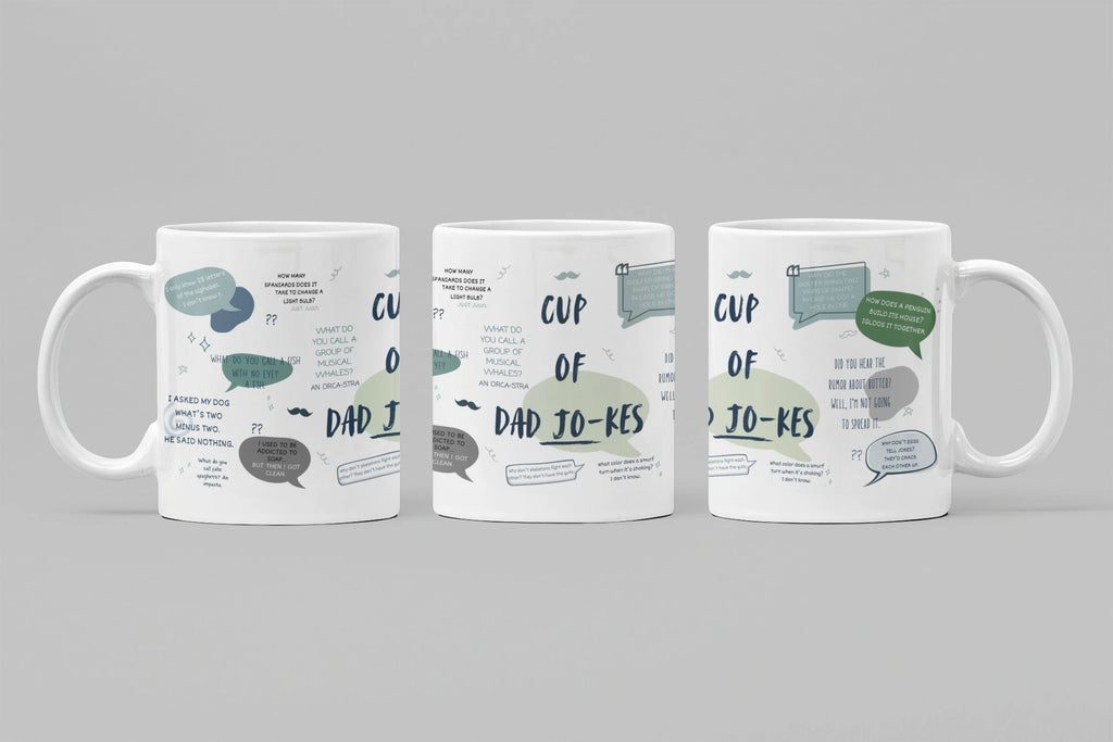 Three white mugs with humorous text design on a gray background