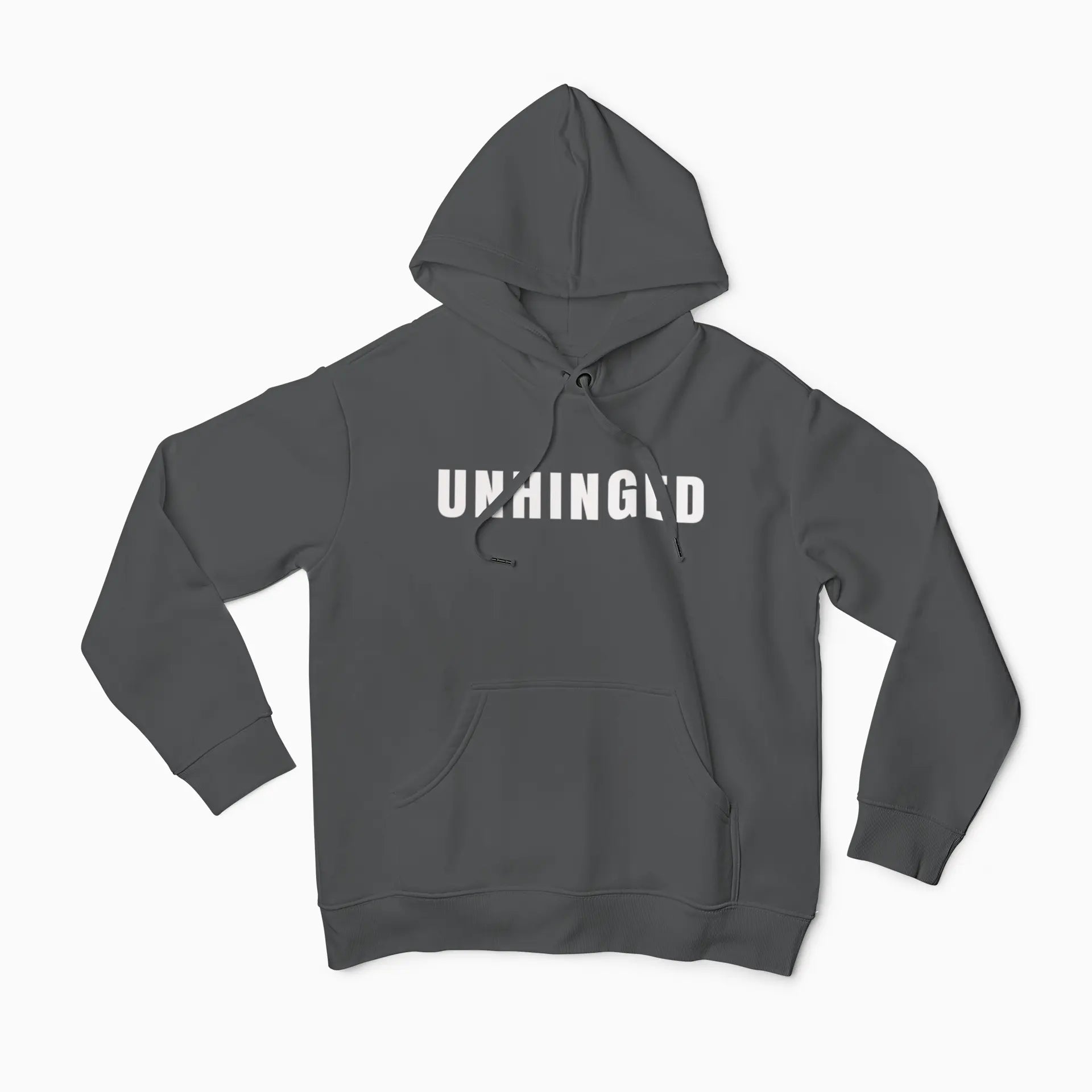 Witty unhinged hoodie mockup - sarcastic graphic sweatshirt with kangaroo pocket - anti-motivational apparel