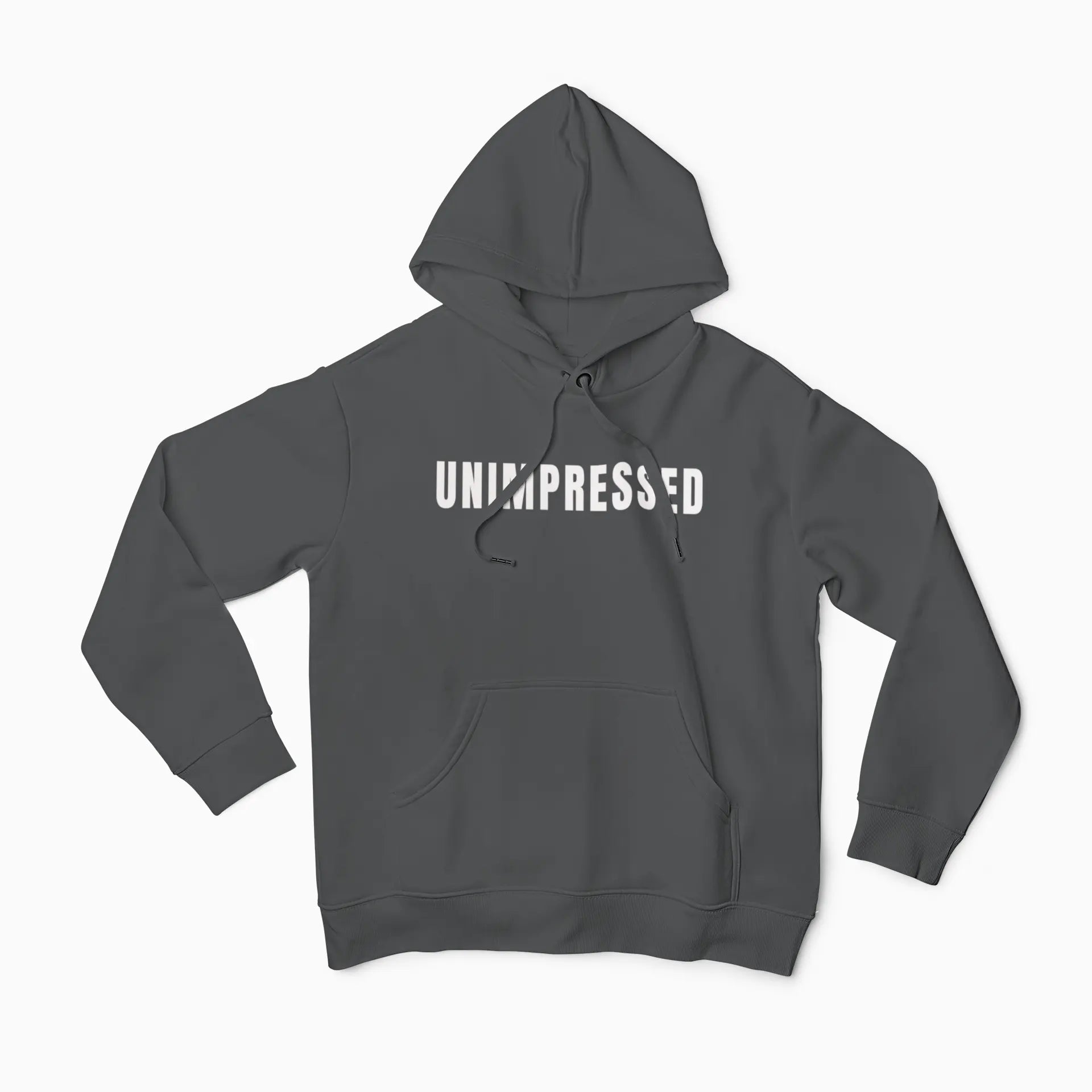 Charcoal gray unimpressed graphic hoodie - witty sarcastic sweatshirt with drawstring hood - premium cotton