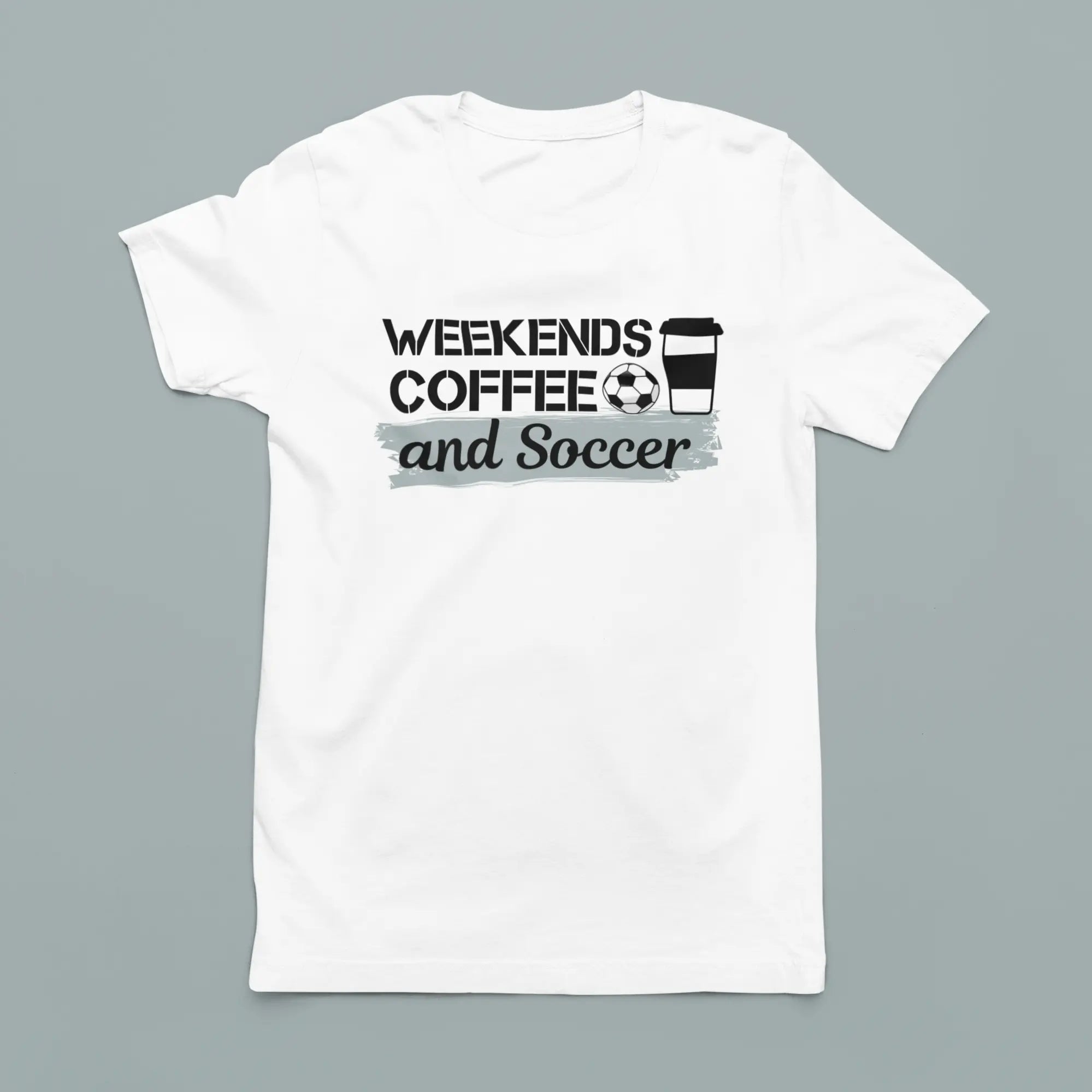 Flat lay of "Weekends Coffee Soccer" t-shirt - soccer mom sports parent tee perfect for tournament weekends and sideline life