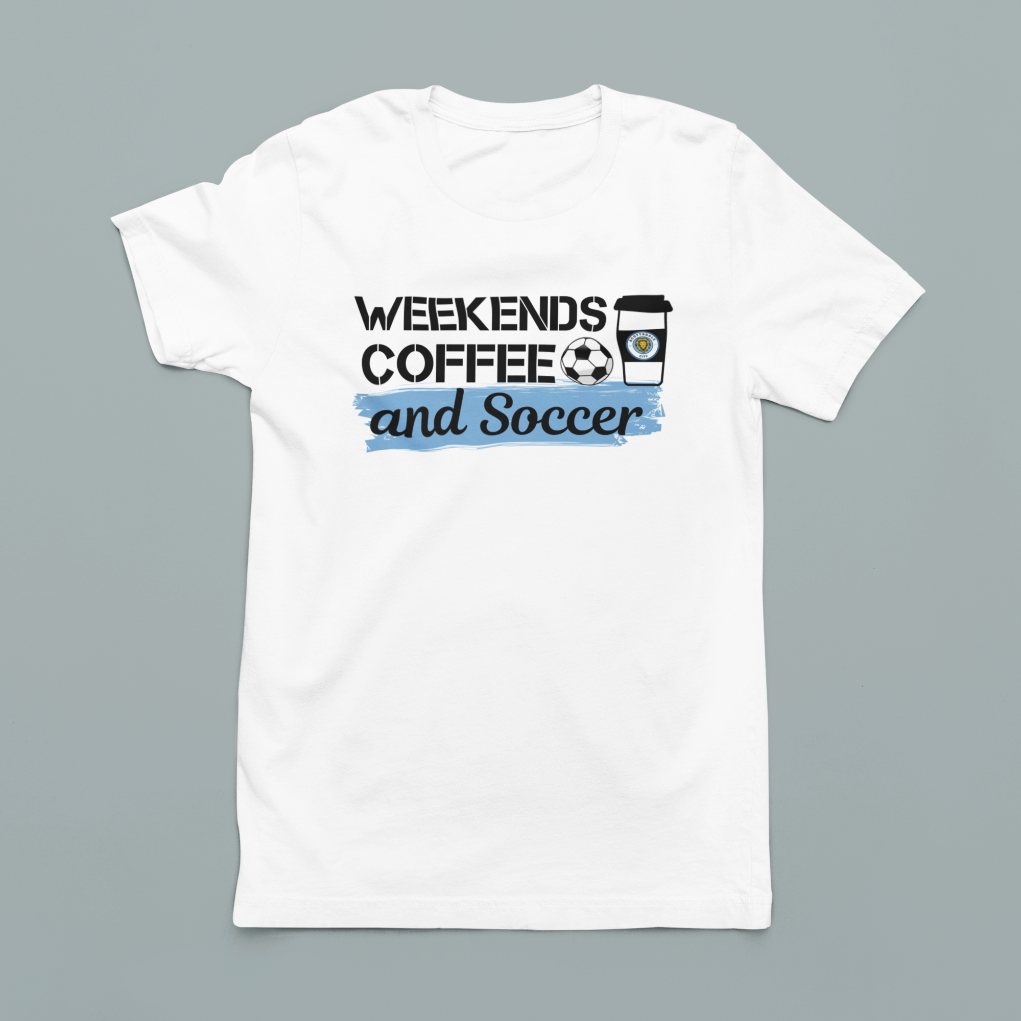 Customizable Soccer-themed shirt with the phrase 'Weekends, Coffee, and Soccer,' perfect for soccer parents and weekend warriors.
