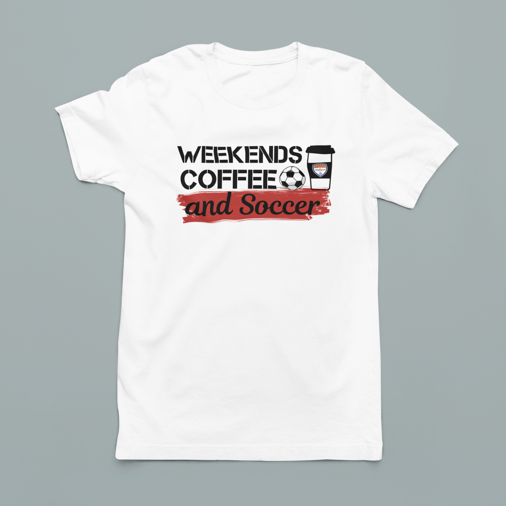 Red soccer-themed shirt with the phrase 'Weekends, Coffee, and Soccer,' perfect for soccer parents and weekend warriors.