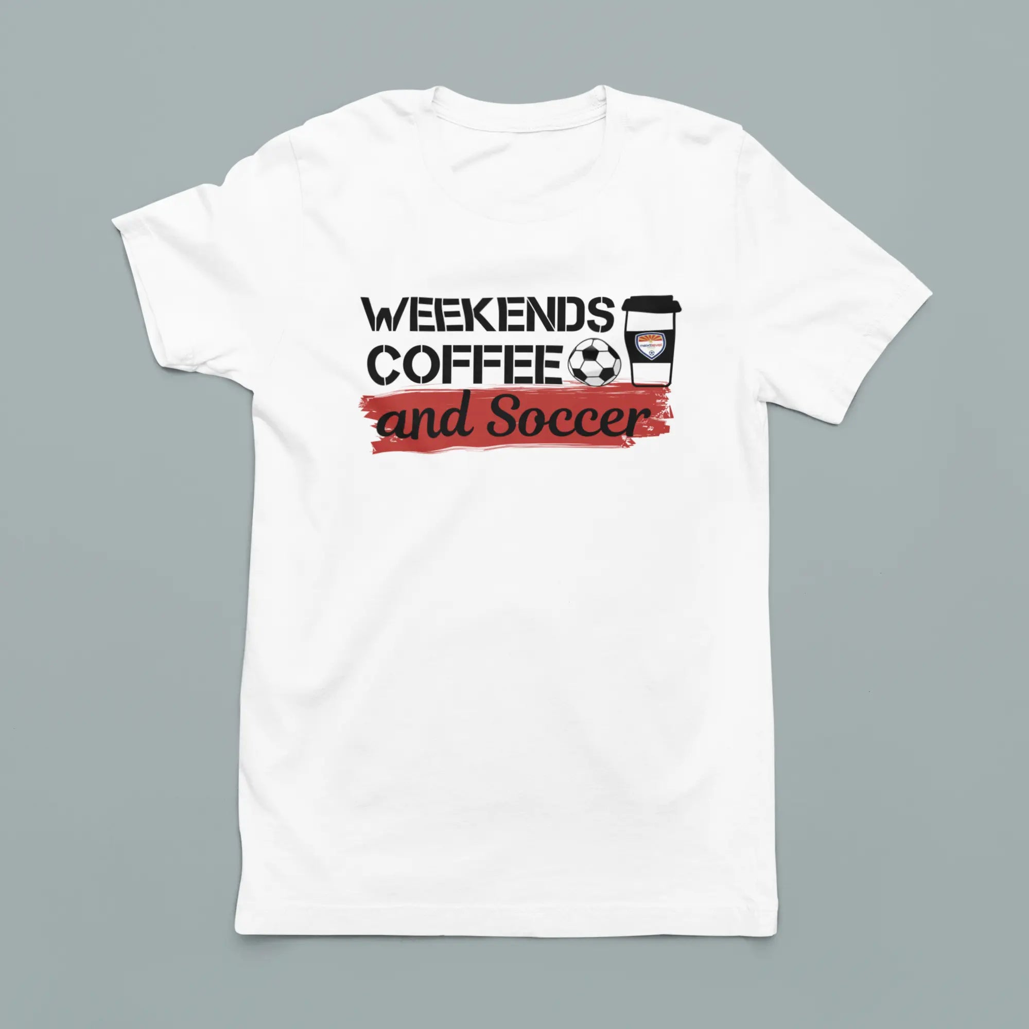 Front view of "Weekends Coffee Soccer" shirt - soccer mom parent apparel for moms who live on caffeine and sidelines